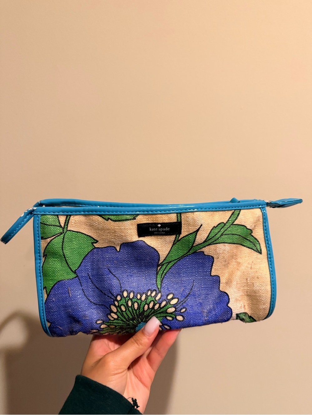 kate spade Blue Floral Canvas Cosmetic Wristlet with Teal Trim